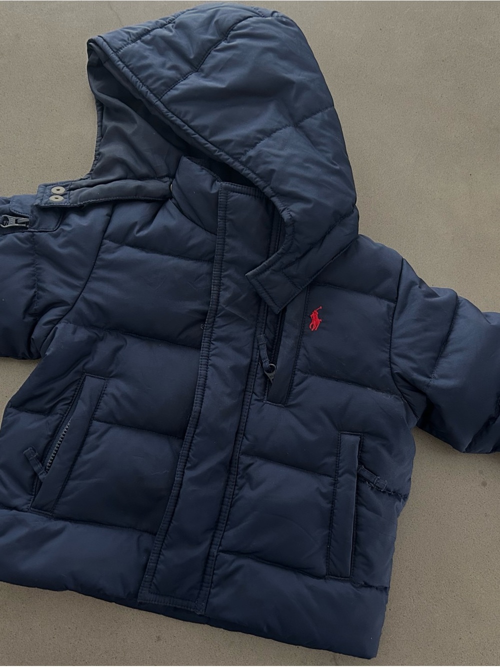 12M Polo Ralph Lauren Navy Puffer Jacket with Red Pony detachable hood EUC